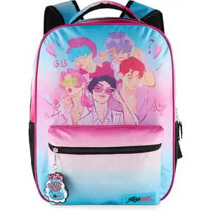 AI ACCESSORY INNOVATIONS K-Pop Demon Hunters Saja Boys 16” Backpack for Girls, Featuring Jinu, Abby, Mystery, Romance, & Baby, Saja Rubber Molded Bag Charm, Soda POP