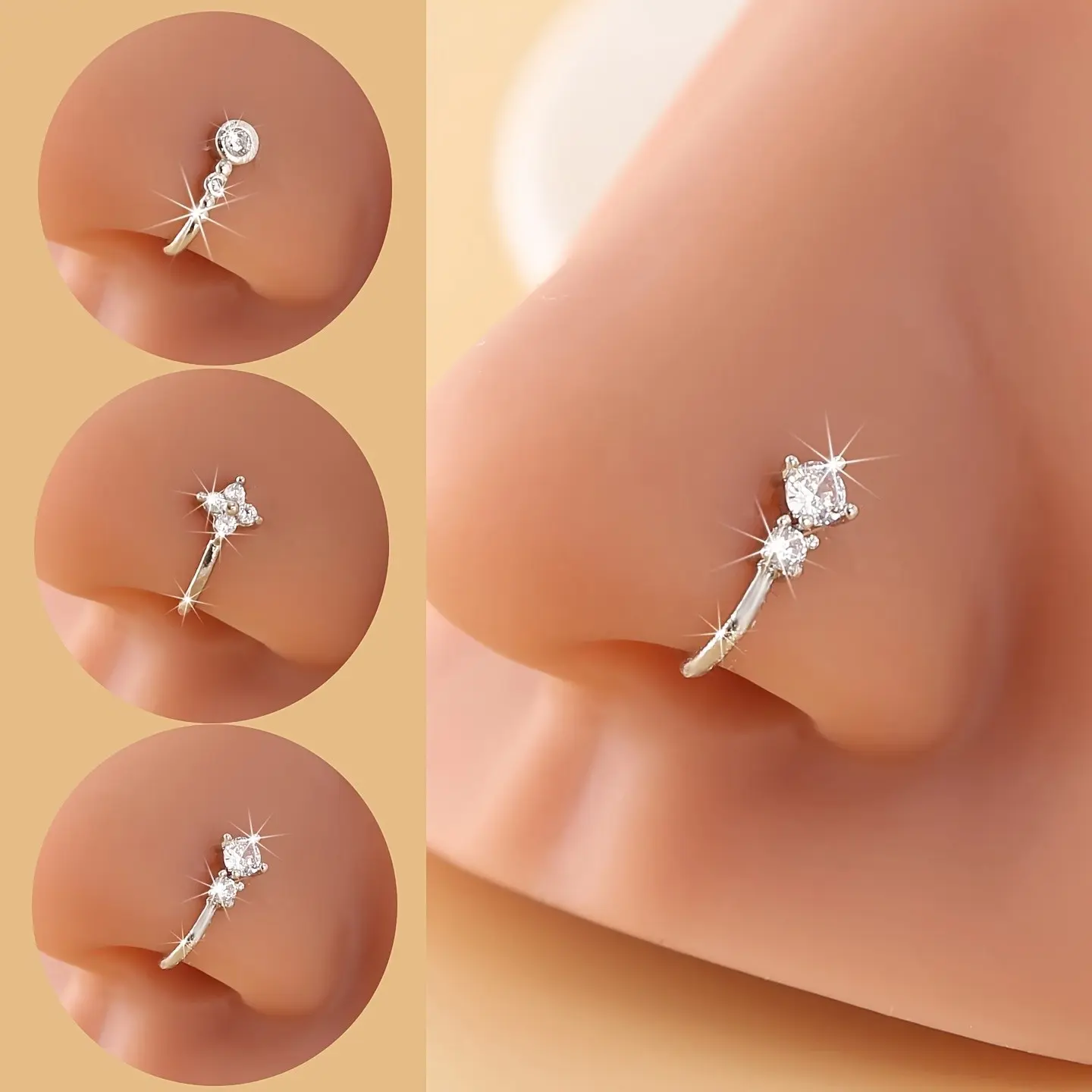 3pcs U-Type Non-Pierced Nose Clips, Cubic Zirconia Nose Studs, Facial Decoration Accessories for Makeup Styling, Non Piercing Jewelry, Face Jewels