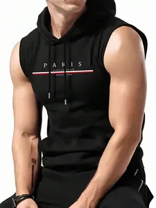 Men's Letter Print Tank Hoodie, Regular Fit Casual Sleeveless Hooded Top for Summer, Fashion Men's Clothes for Gym Workout Running