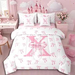 Pink White Bow Knot 7 Pcs Bedding Set,Romantic Simple Bow Comforter Bed Set,Kids Women Pink Initial Letter Bed Bag,Fashion Girly Aesthetic Quilt Sheet