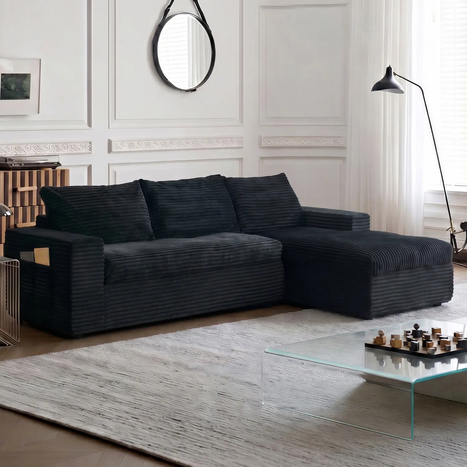 Black Striped Corduroy Modular L-Shaped Sectional Sofa, Cloud Couch with Chaise Lounge & Side Storage Pocket, Deep Seat Comfy Sofa for Living Room Apartment