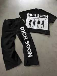 Two-Piece Set Men's Letter Print Short Sleeve Tee & Drawstring Waist Sweatpants, Regular Fit Round Neck T-shirt & Jogger Pants, Casual Fashion Cozy Breathable Men Two-piece for Summer, Menswear Clothes