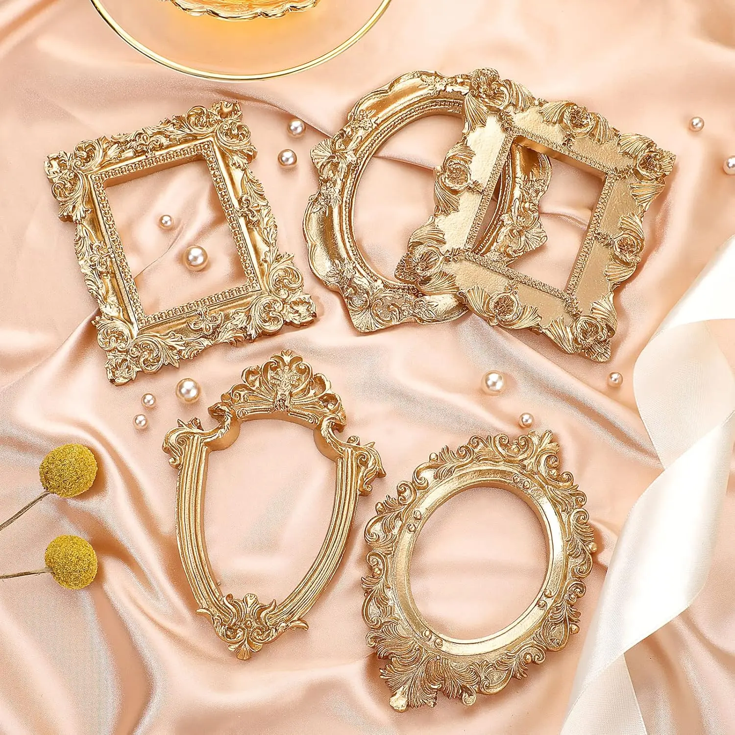 5/14pcs Vintage European Victorian Style Resin Oval Mini Photo Frames | For Jewelry Display - vintage Golden Finish, Christmas Decoration
