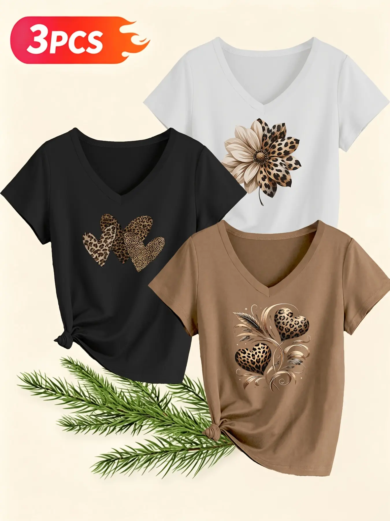Women's 3-Pack V-Neck Short Sleeve T-Shirts, Womenswear Leopard Print Floral Casual Everyday Summer Tops, Breathable Stretch Fabric, All Seasons Fashion