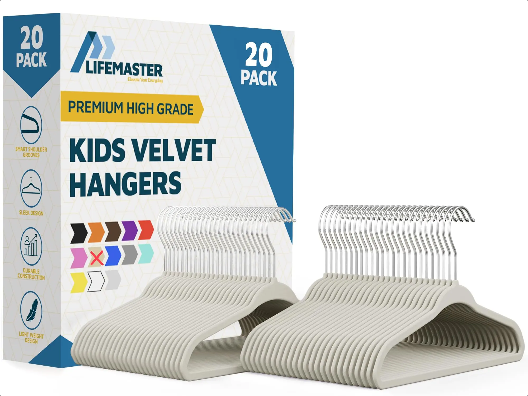 Lifemaster Velvet Kids Hangers 20 Pack Non-Slip Baby Toddler 10.83in Slim 360° Swivel Hook