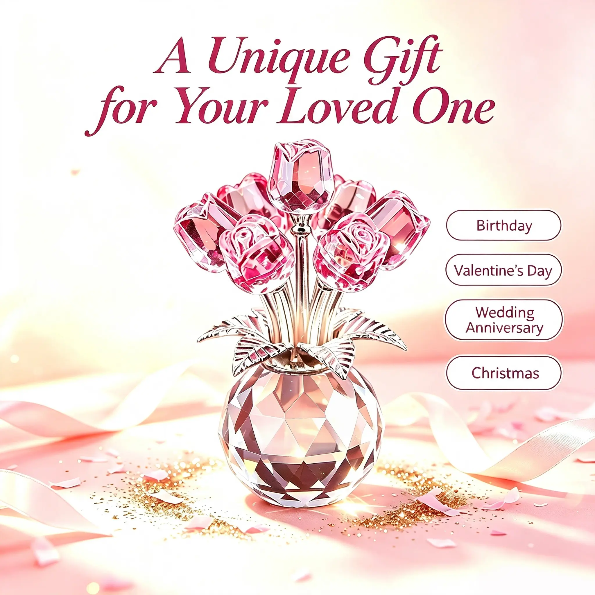 【Gift Idea】K9 Crystal Rose Bouquet Figurine - Glass Artificial Flower Statue for Desk & Bookshelf - Decorative Ornament for Bedroom, Living Room & Home Decor - Unique Birthday, Valentine's Day, Anniversary & Christmas Gift Idea for Her/Mom/Wife/Girlfriend