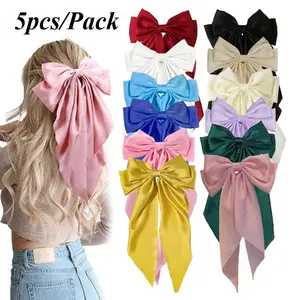 5Pcs Mixed Solid Color Large Satin Bow Ribbon Hair Clip Set, Women's Spring Simple Daily Versatile New Year Hair Accessory Gift