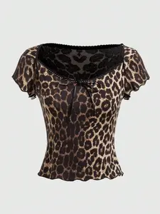 Vintage Leopard Mesh Short Sleeve Top, Wave Hem Design, Square Neck, Casual Fitted Blouse for Sweet Cool Girls