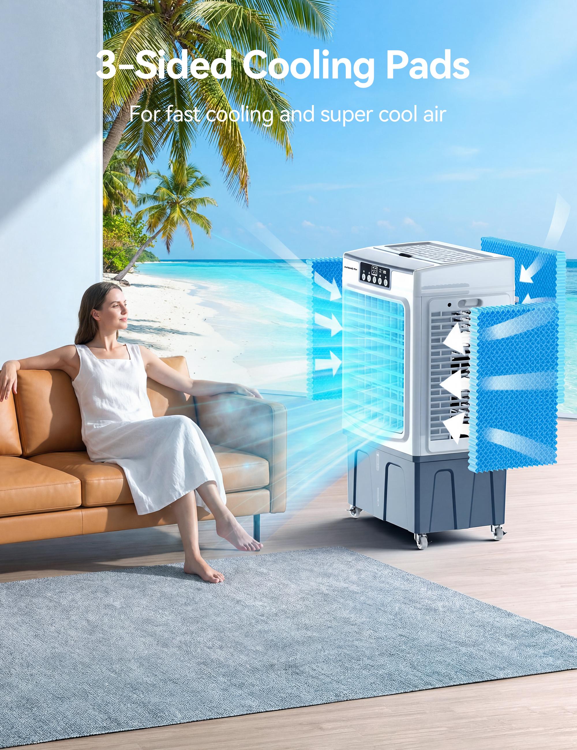 VAGKRI cooling-type household air conditioner, 12 Gal Tank, 3000 CFM, 3 modes, 3 fan speeds, 120° oscillation, 24-hour timer, fee remote control, household fan, floor fan, suitable for indoor and outdoor use.