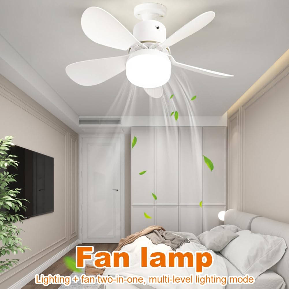 Socket Fan Light, Small Ceiling Fan with Light and Remote Control, 20 Inch E26/E27 Screw-In Installation, 3 Wind Speeds Dimmable Mini Fan Light for Bedroom, Kitchen and Small Spaces, White