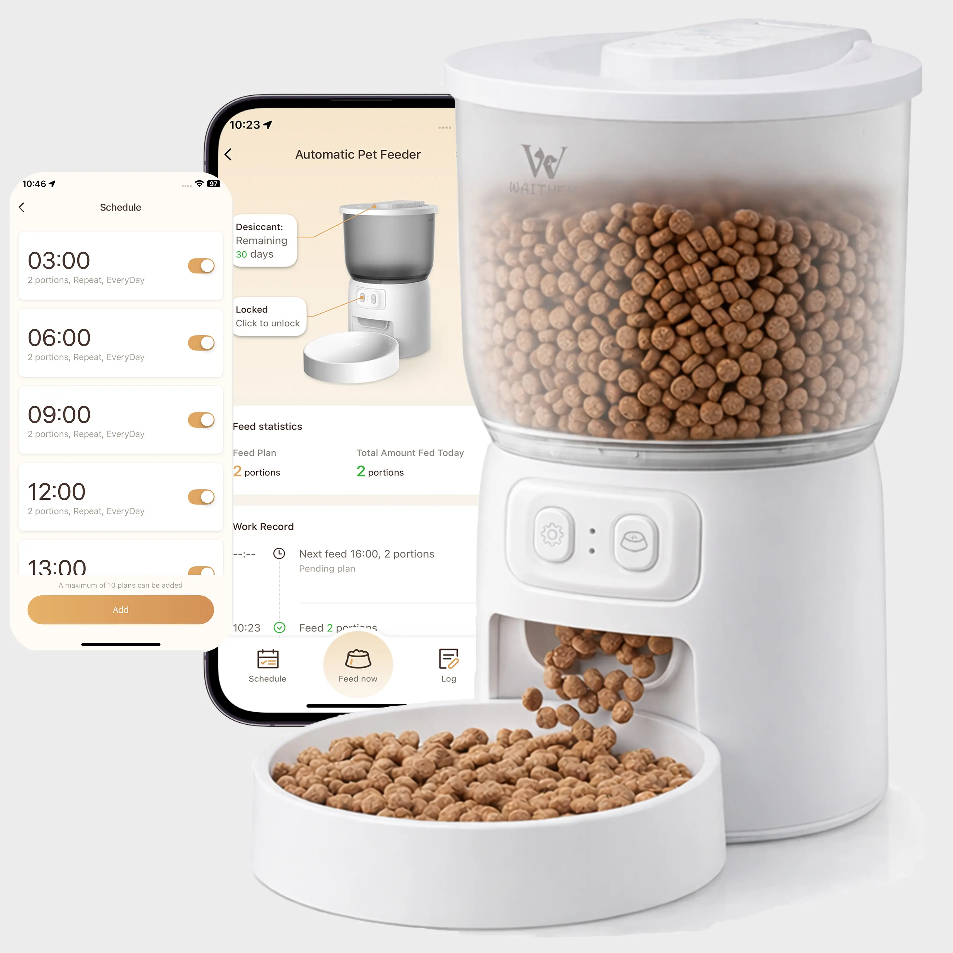 WAITHEM Wifi Smart App-Controlled Pet Feeder - 3L Airtight Automatic Feeder, Auto-Dispensing Leak-Proof Timed Dry Food Dispenser for Cats and Small Indoor Pets, Airtight Automatic Feeders, Auto-Dispensing Automatic Feeders