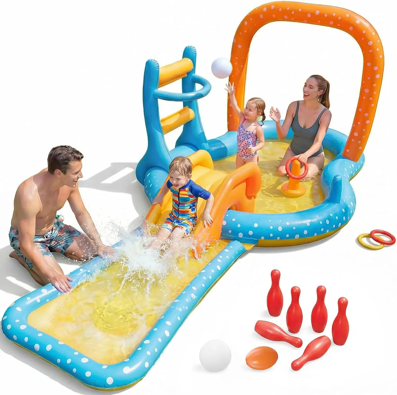 Inflatable Kiddie Pool with Dual Slides, Kids Splash Pool Play Center with Water Slide & Slip Slide, Outdoor Backyard Water Toy for Toddlers