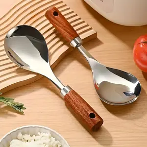 2pcs Wooden Handle Stainless Steel Soup Spoon Set - Non-Stick Kitchen Utensils, Suitable for Cooking, Family Dining & Table Service