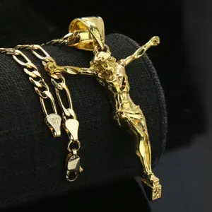 AAA+ Brass Gold Plated Crucifixion of Jesus Cross Religious Pendant Charm & 5mm 20" 24" Figaro Chain Necklace 14K Stamped on the Lock