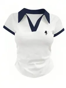 Women's Casual Fitted Short Sleeve T-Shirt Polo, Night Print Design, Contrast Color Collar, Comfortable Daily Wear, Perfect for Everyday Style