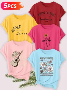 5Pcs Women's Crew Neck T-Shirts, New York & Country Music & Cat Print Set, Multiple Colors Available, Machine Washable, Spring & Summer Tops, Soft Skin-Friendly Fabric, Daily Versatile, Fashion Design