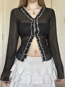 Women's Polka Dot Print Sheer Mesh Hook & Eye Vneck Top Blouse, Summer Casual Slim Fit Long Sleeve Y2K Style, Sweet Lolita Design, Womenswear