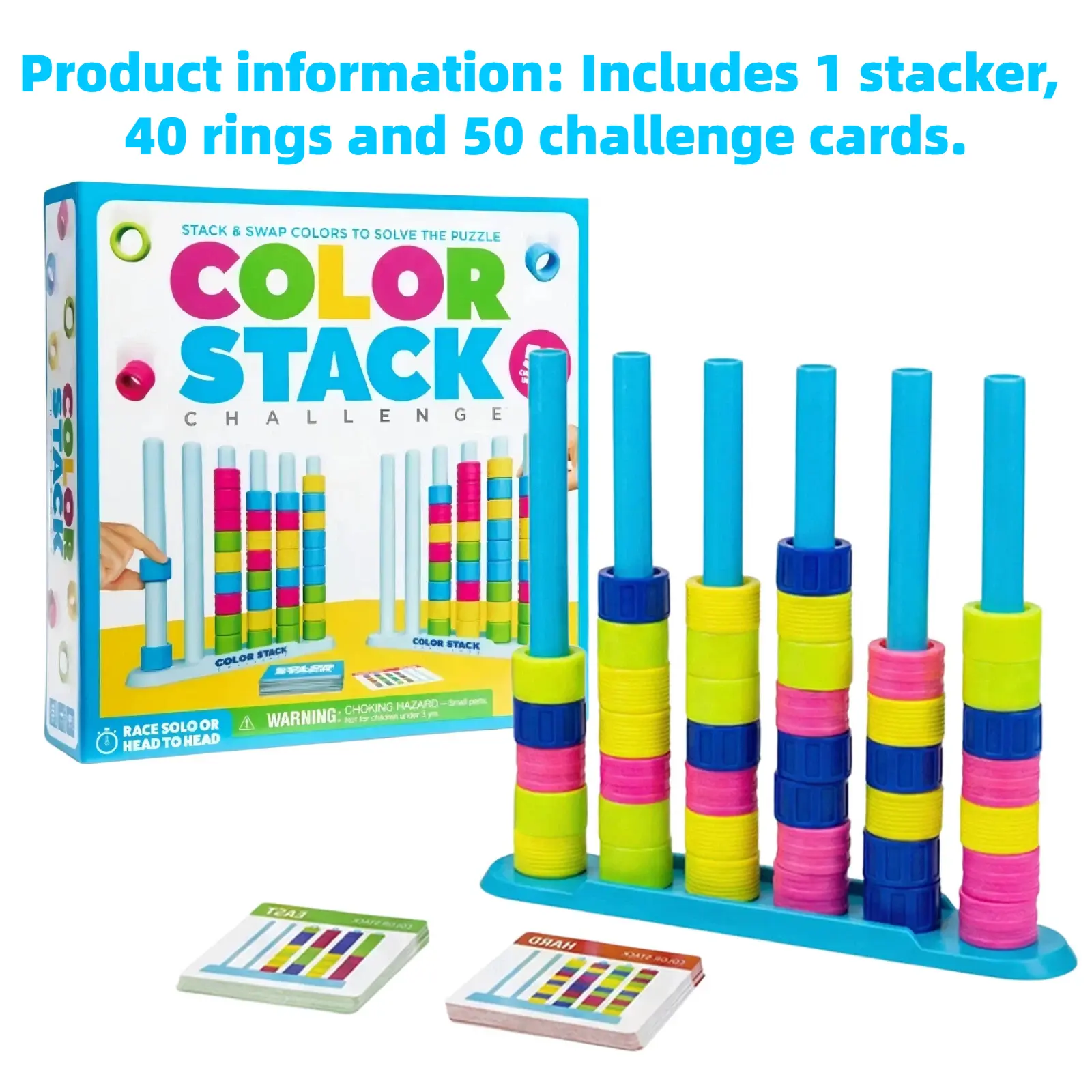 Color Stack Challenge Logic Sorting Puzzle Game for Kids Ages 8+,Fast-Paced Brain Training Toy,Complete Kit with Rack,40 Plastic Rings & 50 Dual-Difficulty Cards