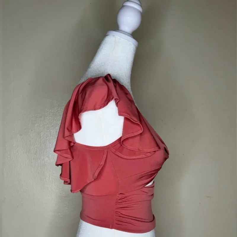 Rosewood Pink Feminine Top with Playful Frilly and Delicate Cut-Out Details for Women's Wear - Shirts, Womenswear Blouse Comfort Basic Minimalist