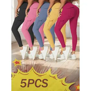 5pcs High Waist Yoga Leggings with 4 Pockets, Multipack Butt Lifting Tummy Control Workout Running 4 Way Stretch Cargo Sports Pants, 5pcs Leggings Set High Waisted Capri Yoga Leggings Fitness Trousers