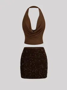 Women's Ruffled Neck Halter Shiny Sequin Bodycon Skirt Set, Elegant, Temperamental & Sexy Style, Perfect for Christmas, Music Festivals, Valentine's Day, Parties, Gatherings, Cocktail Parties, Dance Performances & Other Occasions.