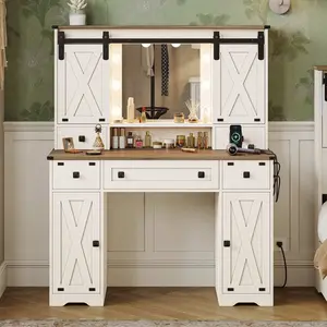 Sikaic Farmhouse Makeup Vanity Desk Mirror With Sliding Barn Door 3 Lighting Modes Adjustable And Charging Station White