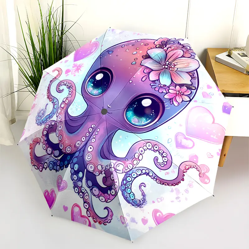 1 PC Automatic Folding Umbrella - Chibi Octopus with Flowers Pattern, Portable & Foldable Design with 8 Ribs, Merry Christmas Pattern,Casual Outdoor Accessory Halloween and Christmas Birthday Gifts. D0073