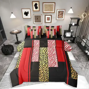 Leopard Print Stripes Girly Red Gold 7 Piece Bedding Set,| Fur Pattern Geometric Comforter Set with Sheets Women Men Adults Bed in A Bag Zebra Cheetah Wild Animal Skin Bed Sets