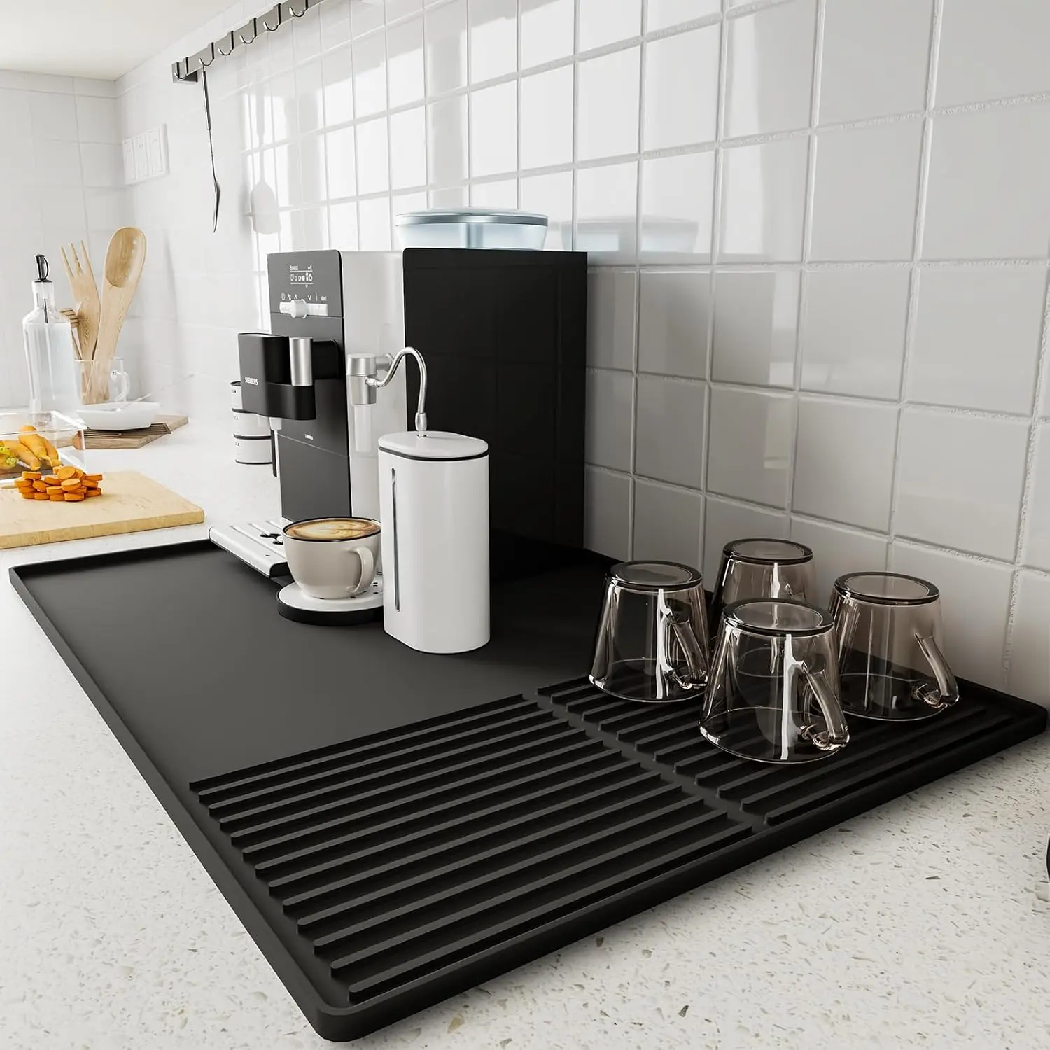 Coffee Mat with Raised Edges, 20'' X 12'', Bar Mat for Countertops, Fits Under Coffee Maker, Espresso Machine, Dish Drying Mat (BLACK)
