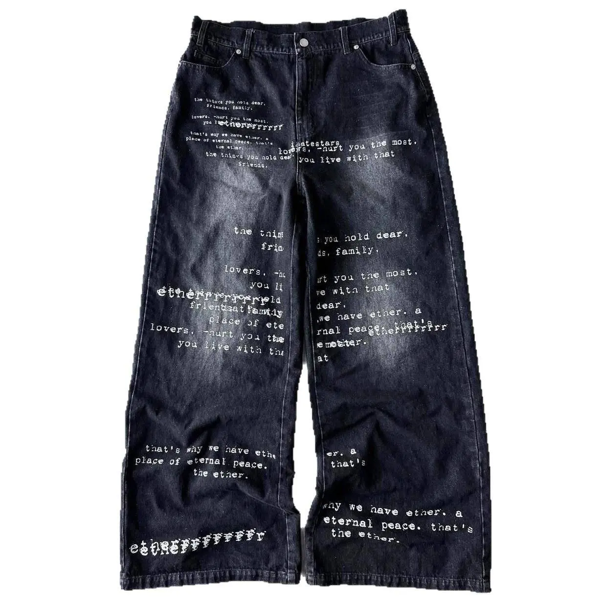 Eternal Peace Jeans - Dark Wash with Unique Text Design, High Waist, Regular Fit, Comfortable and Stylish