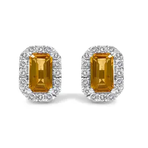 10K Gold 5x3mm Emerald-Cut Gemstone and 1/7 Cttw Diamond Halo Octagonal Stud Earrings (I-J Color, I1-I2 Clarity)