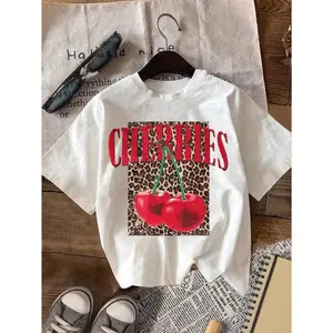 [100% Cotton] Plus Size Women's Cherry Print Letter Round Neck Short Sleeve Casual T-Shirt