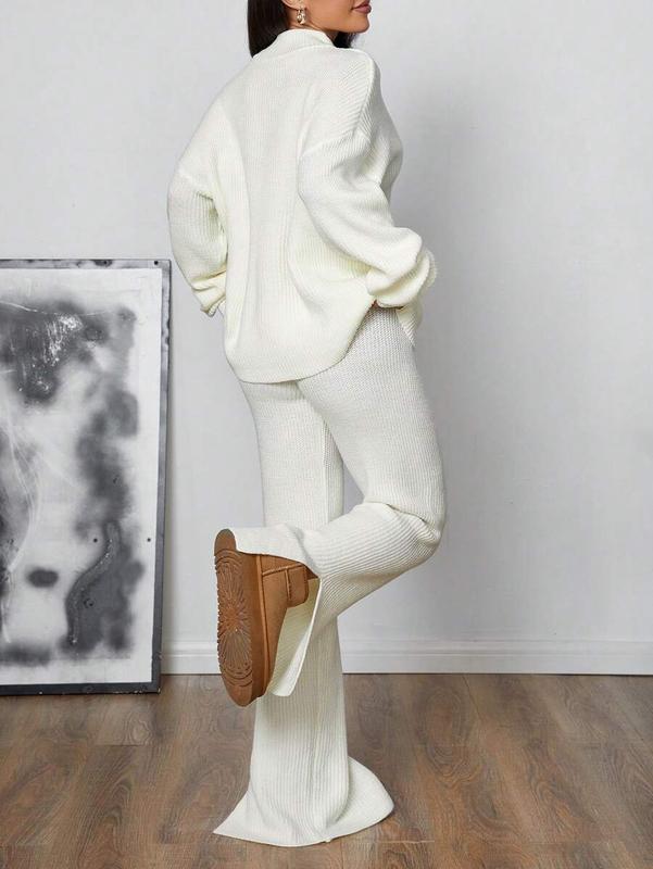 Fall/Winter Women's Casual Cute 2 Pieces Sets Streetwear Y2K Clothes Solid Color Half-Zip Ribbed Knitted Sweater Loungewear Top Pullover Long Sleeves Knitted Pants Cozy Homecoming All White Fall Winter Outfits Clothes For Women Loune Matching Set Country