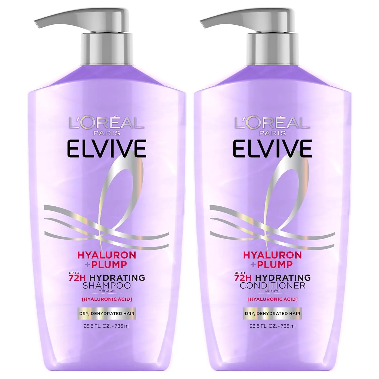 L'Oreal Paris Elvive Hyaluron Plump Shampoo and Conditioner Set for Dry, Dehydrated Hair, 72H Hydrating Hair Care, Infused with Hyaluronic Acid Complex, 53 Fl Oz Set