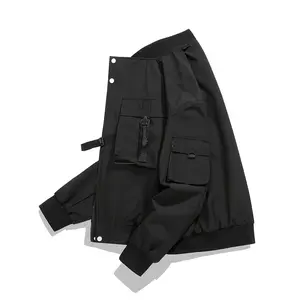 Men'S Black Bomber Jacket - Casual High Street Style, Adjustable Waist Strap, Zipper Closure, Polyester Lining, Perfect for Autumn & Valentine'S Day, Casual Outerwear |   Adjustable Waist Jacket |   Zippered Jacket, Plus Size