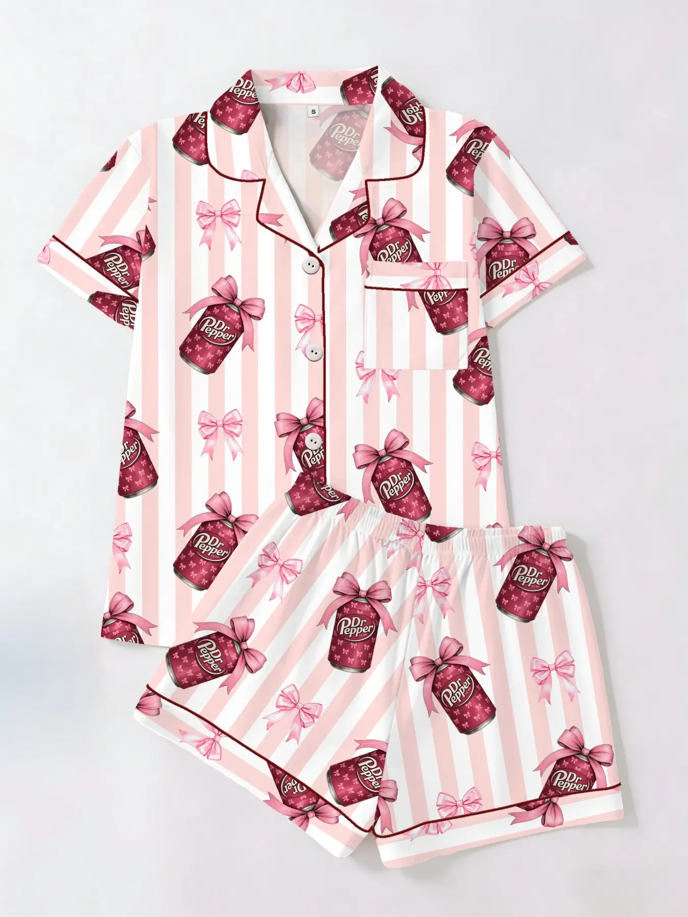 Women's Striped Bow Tie Print Short Sleeve Shorts Matching Set Outfit, Breathable Fitted Pajama Sleepwear, Casual Home Wear, Loungewear, All Seasons, Homewear, Pjs, Loungewear Shorts Sets