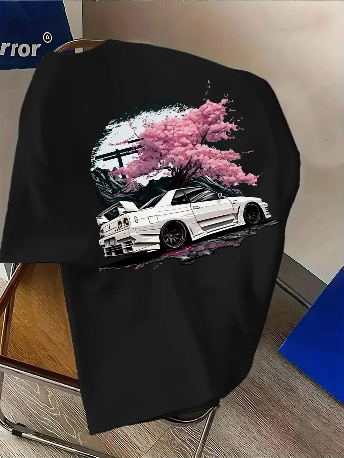 Men's Oversized Classic JDM Nissan GTR R34 Graphic T-Shirt - Japanese Cherry Blossom & Torii Gate Design, Front Small Logo & Back Full Print, Soft Streetwear Shirt, Menswear, Perfect for JDM Car Enthusiasts