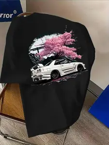 Men's Oversized JDM Nissan GTR R34 Graphic T-Shirt - Japanese Cherry Blossom & Torii Gate Aesthetic Design, Front Small Logo & Back Full Print, Soft Streetwear Shirt, Perfect for JDM Car Enthusiasts