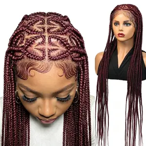 Synthetic Burgundy Box Braiding Hair Wigs Full Lace Cornrow Box Braids Wig 36 inches Colored Cherry Cola Braiding Wig Bohemian Knotless Box Braided Wig