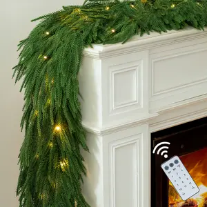 6Ft Christmas Norfolk Pine Garland Artificial Pre-Lit Garland with Lights for Mantle Fireplace Table Stair Real Touch Greenery Decorations DIY for Front Door Wall Window