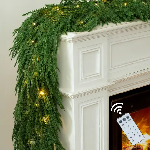 6FT Pre-lit Real Touch Artificial Norfolk Pine Garland with Lights, Christmas Aesthetic Mantel Christmas Garland for Fireplace, Entryway & Front Door Festive Decorations