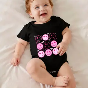 Pink Smile Faces With Hearts Print Bodysuit Baby Rompers Short Sleeve Cotton Toddler Rompers Graphic Print Baby Clothes One-Piece Outfit