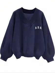 Elegant Women's V-Neck Long Sleeve Sweatshirt with Ada Letter Print, Casual Loose-Fit Kint Fabric for Fall & Winter, Stylish Ladies' Fashion Apparel