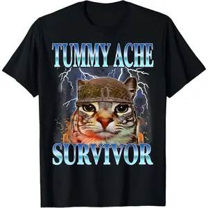 I Survived Today's Tummy Ache Survivor Funny Cat Meme T-Shirt  Breathable T-shirt