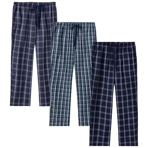 JupiterSecret 3-Pack Men's 100% Cotton Plaid Pajama Pants, Lightweight Sleepwear and Loungewear, Drawstring Elastic Waist, Side Pockets, Relaxed Fit
