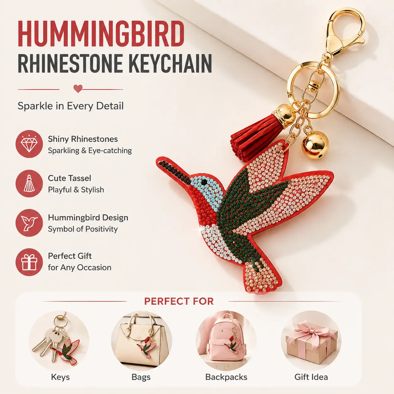 Rhinestone Hummingbird Keychain, Sparkle Bird Bag Charm, Crystal Car Key Accessory, Cute Purse Charm Gift for Women