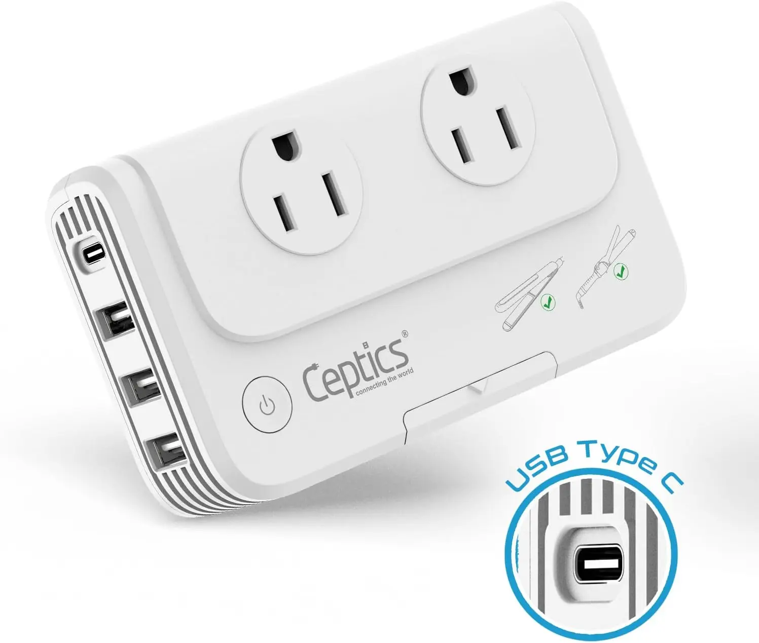 Ceptics European Travel Voltage Converter, 200W Adapter for Curling Iron, Straightener, Charger, Step Down World Power Plug - 4 USB PD 18W Fast Charging - SWadApt Compatible - Type C, E/F, G Included