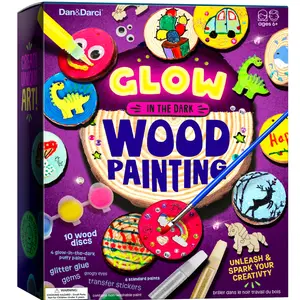 Dan&Darci Glow-in-the-Dark Wood Painting Kit 10 Wooden Discs Puffy Paints Glitter Gems Googly Eyes Creative Fun for Kids