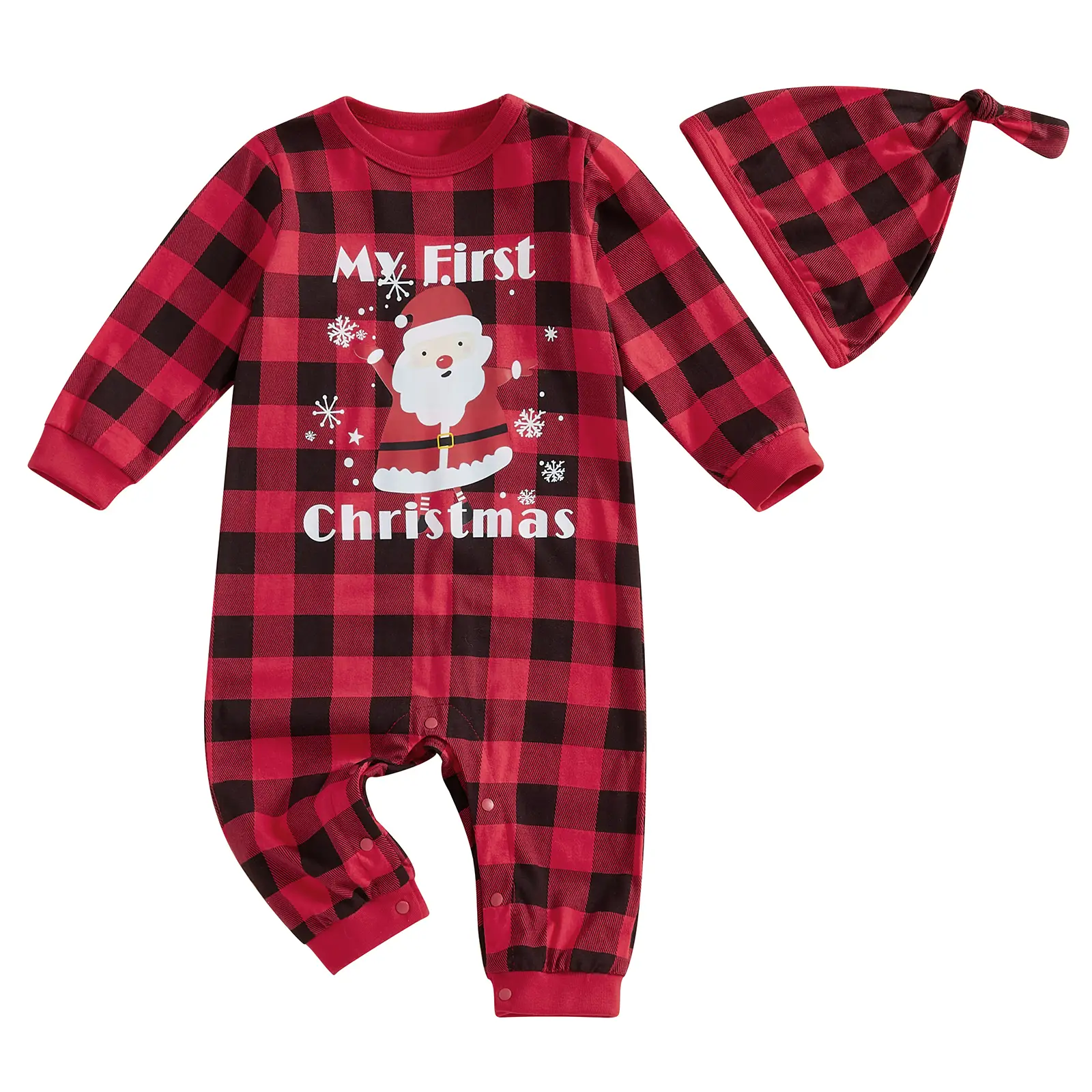 Newborn My First Christmas Baby Boys Girls Outfits Long Sleeve Santa Plaid Romper Bodysuit Jumpsuit Hat