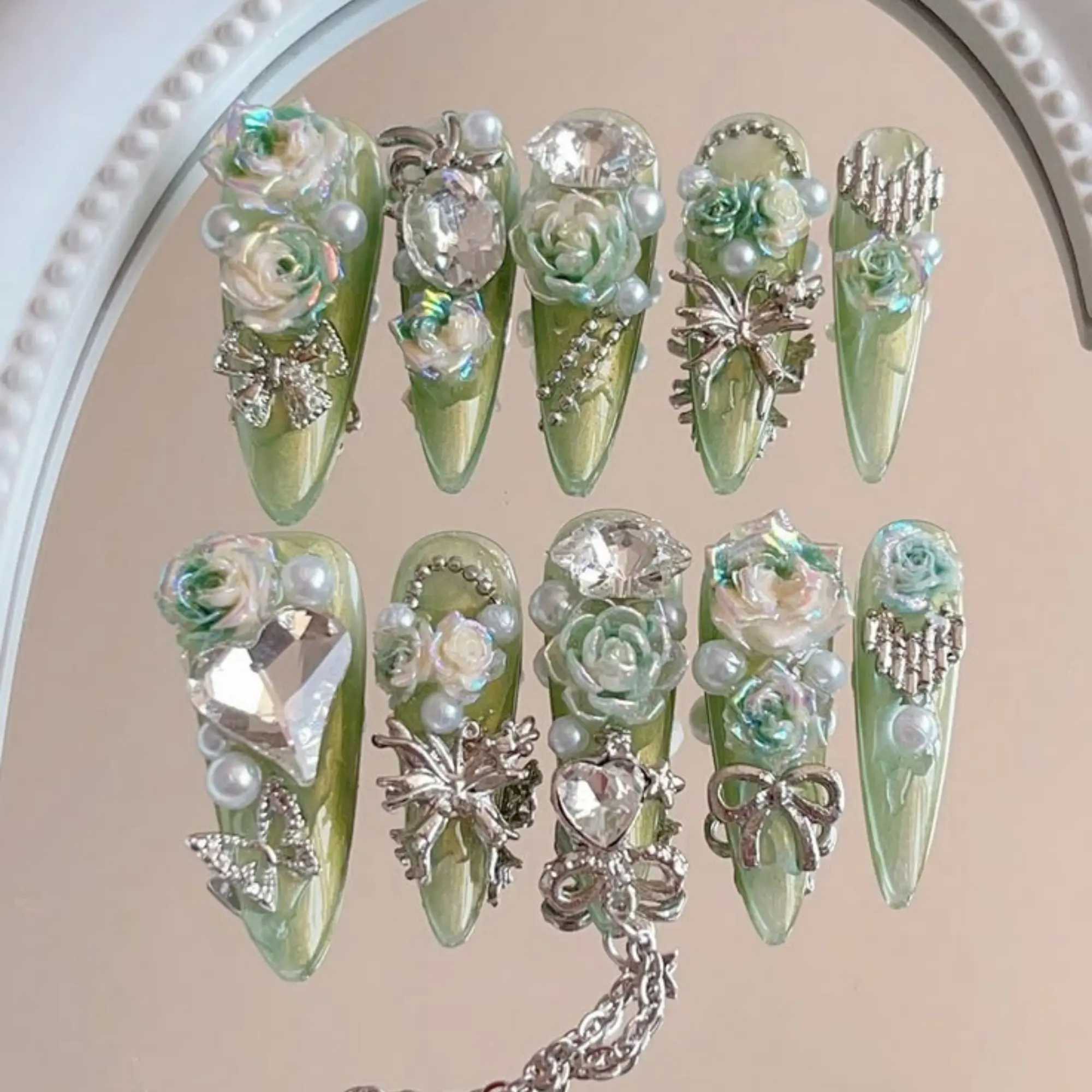Mint Green Floral Press On Nails | 3D Rose Pearl Silver Charm Nail Art | Handmade Reusable Elegant False Nail Set